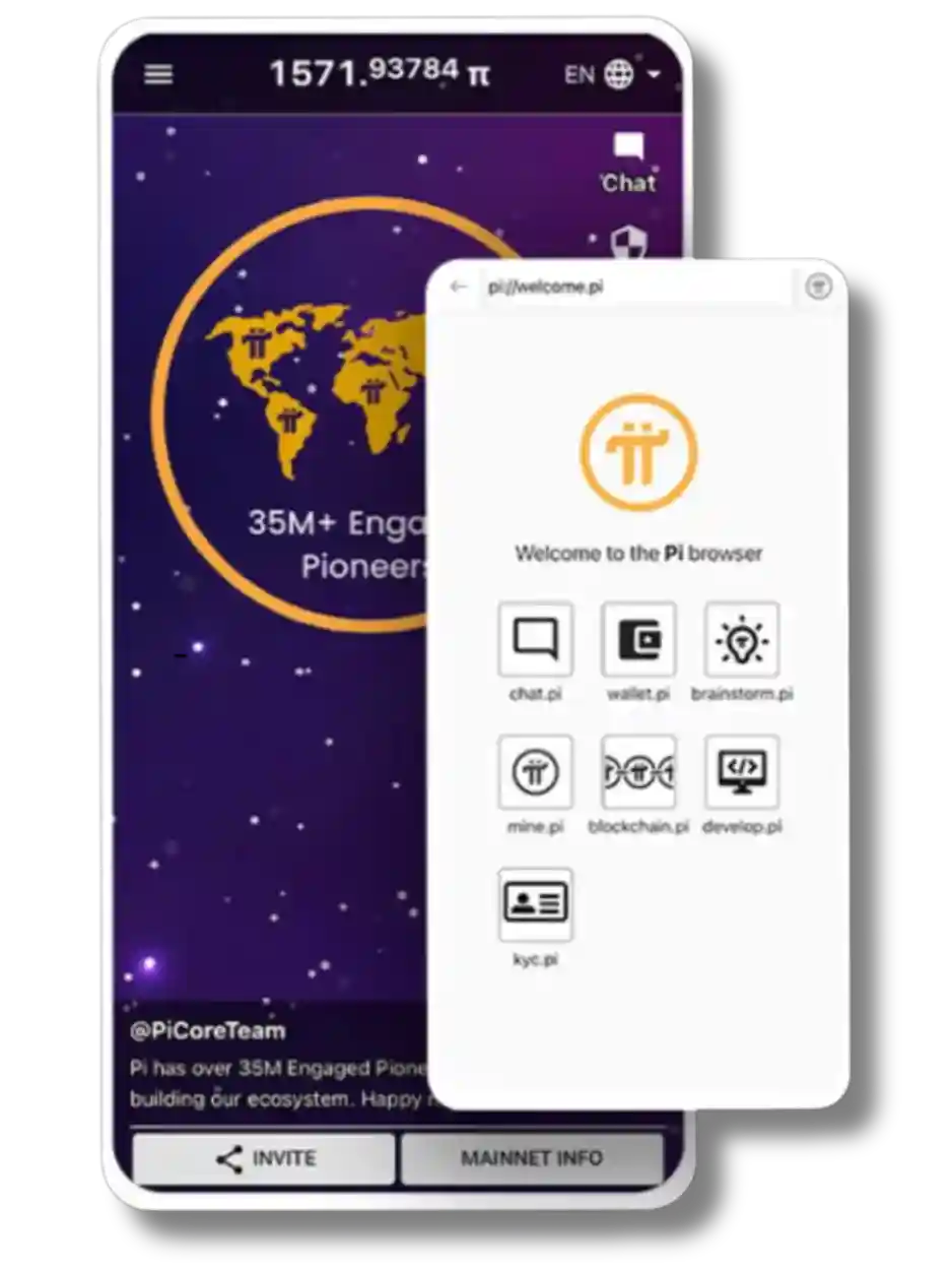Captura de pantalla de la app Pi Network mostrando el botón de minado